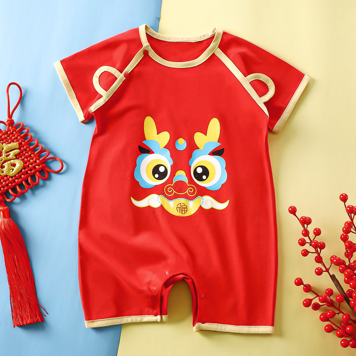 婴儿龙年衣服夏季红色连体衣纯棉短袖男宝满月中国风周岁哈衣百天