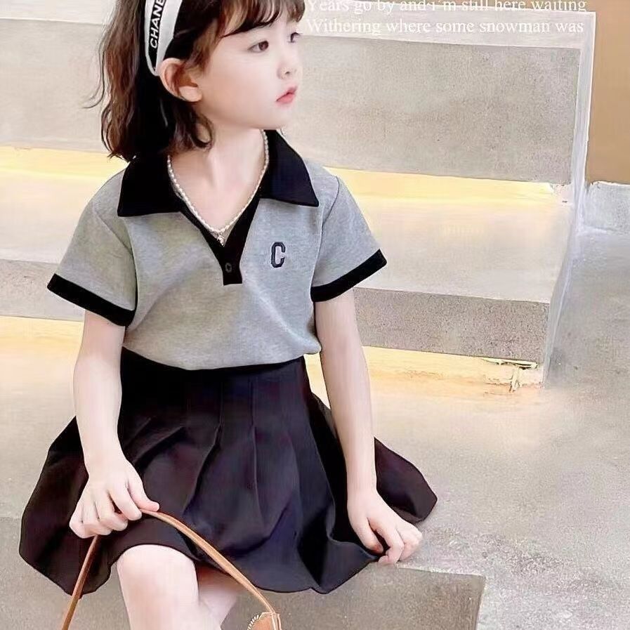 巴拉巴柆韩系女童夏季套装短袖百褶裙子学院风两件套儿童夏季套装