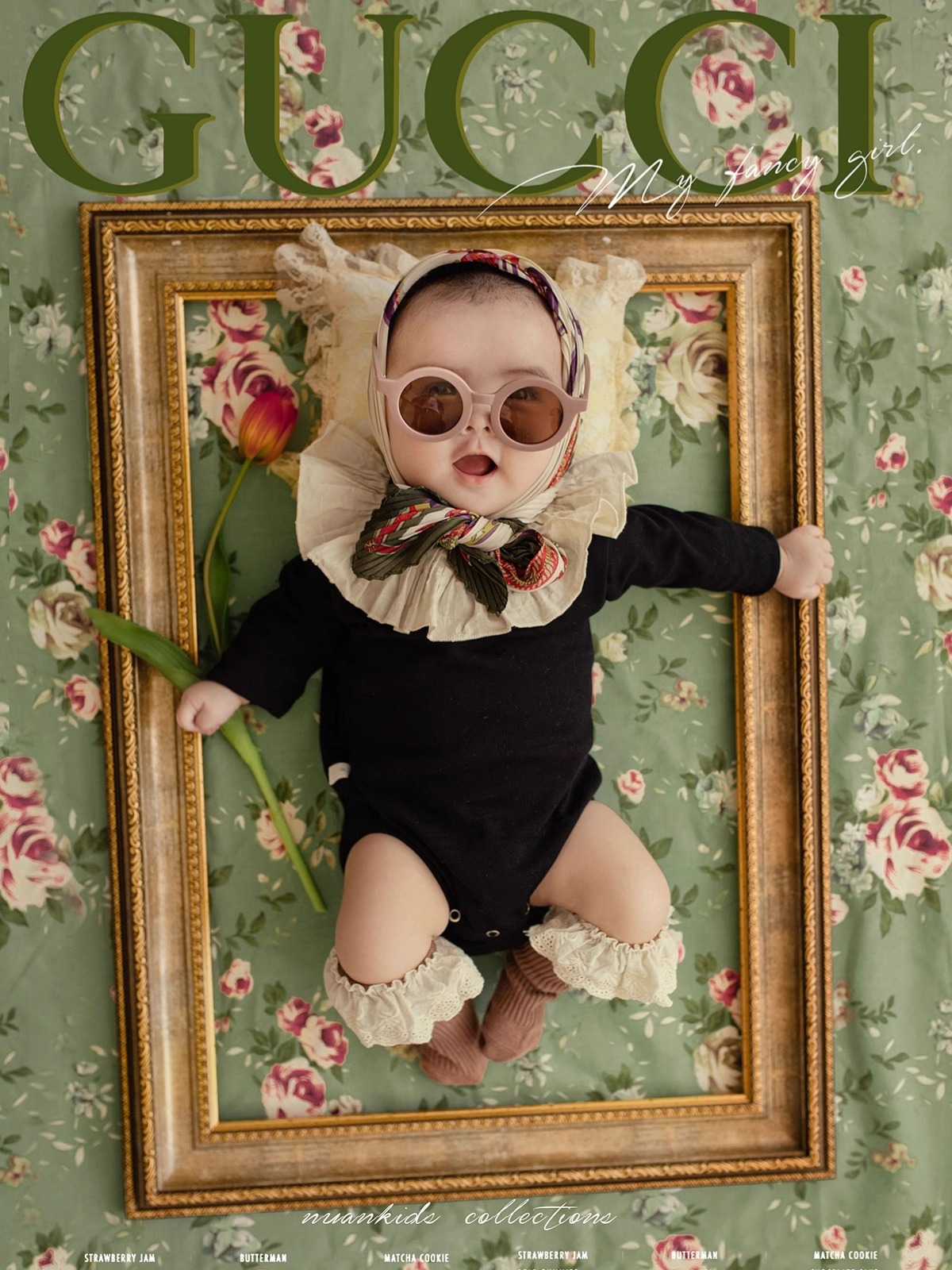 儿童摄影主题服装可爱GUCI风百天照婴儿满月周岁宝宝拍照衣服道具