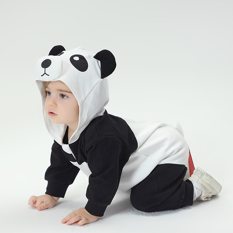 春季新款婴幼儿纯棉针织熊猫造型长袖连体衣哈衣