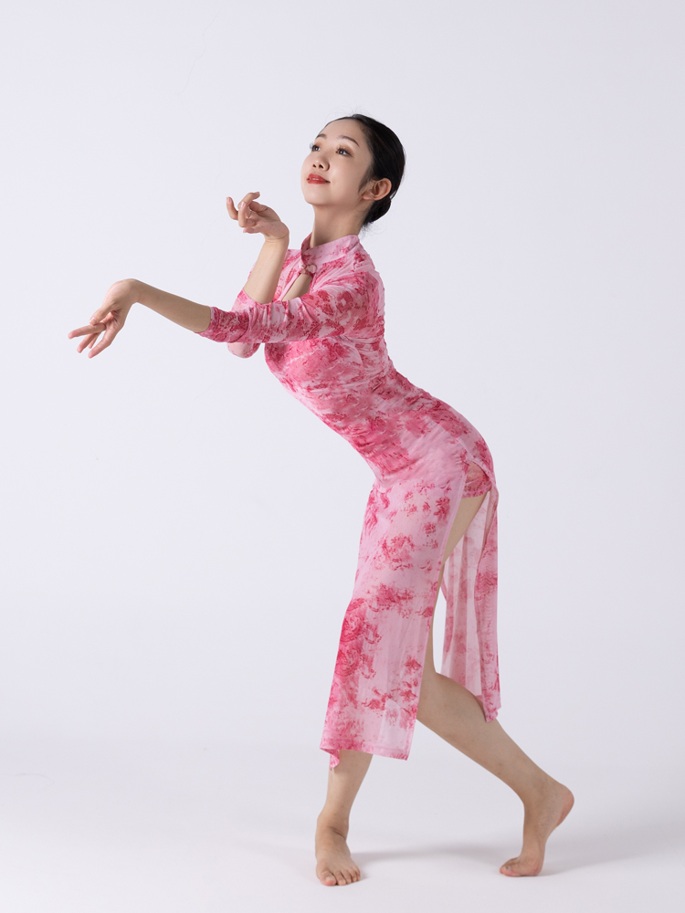 2023中国风风碎花改良旗袍式舞蹈服 立领镂空开叉表演现代舞新款