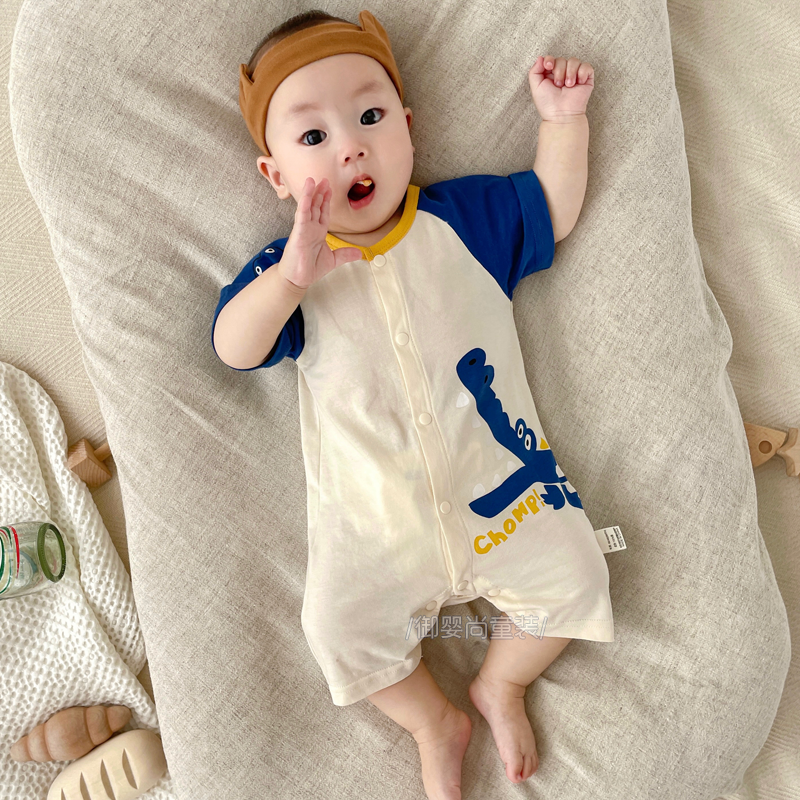 婴儿衣服男宝宝短袖连体衣夏季薄款半袖卡通可爱超萌爬服纯棉哈衣