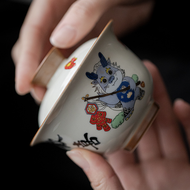 宜室茶话2024龙年三才盖碗单个可爱泡茶碗陶瓷不烫手功夫茶具茶碗