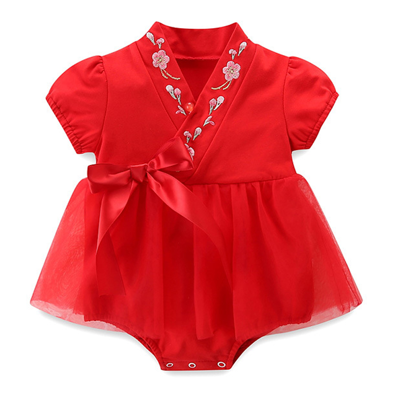 周岁女宝宝红色礼服公主裙夏季婴儿汉服抓周中国风衣服百天宴哈衣