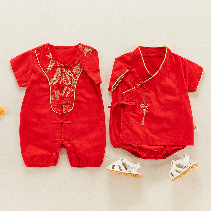新生婴儿儿衣服夏装喜庆满月三角爬服洋气红色哈衣宝宝夏季连体衣