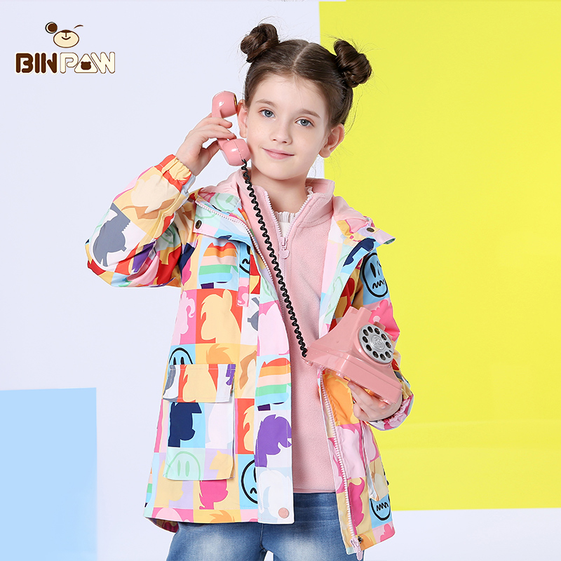 女童风衣外套24新款秋装BINPAW韩版中大童卡通满印两件套冲锋衣
