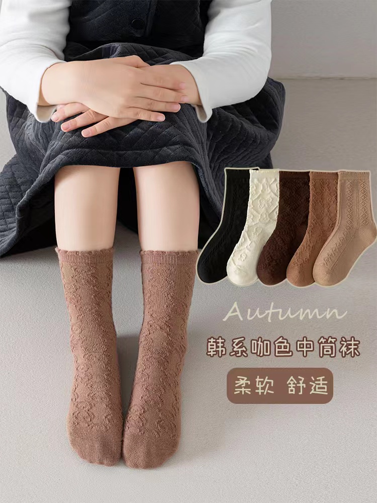 秋季新款儿童袜子韩系暗花纯色女童袜子中筒百搭洛丽塔公主袜花边