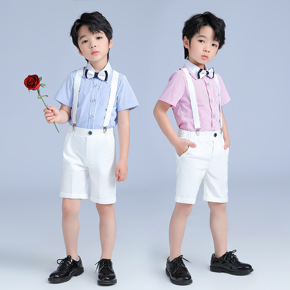 男童礼服春季新款韩版条纹短袖背带裤套装儿童钢琴主持演出服