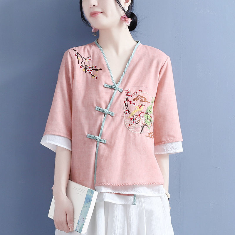 夏季民国风女装可以穿着上班的汉服中式改良唐装上衣刺绣棉麻茶服