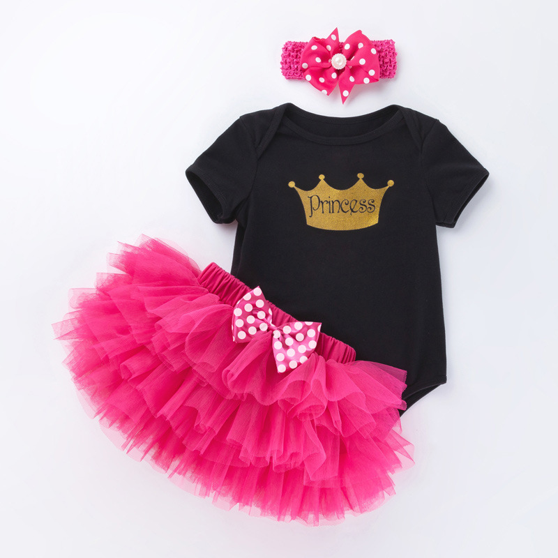 跨境女宝宝生日装黑白色短袖爬C服玫红公主裙套装婴儿周岁童装