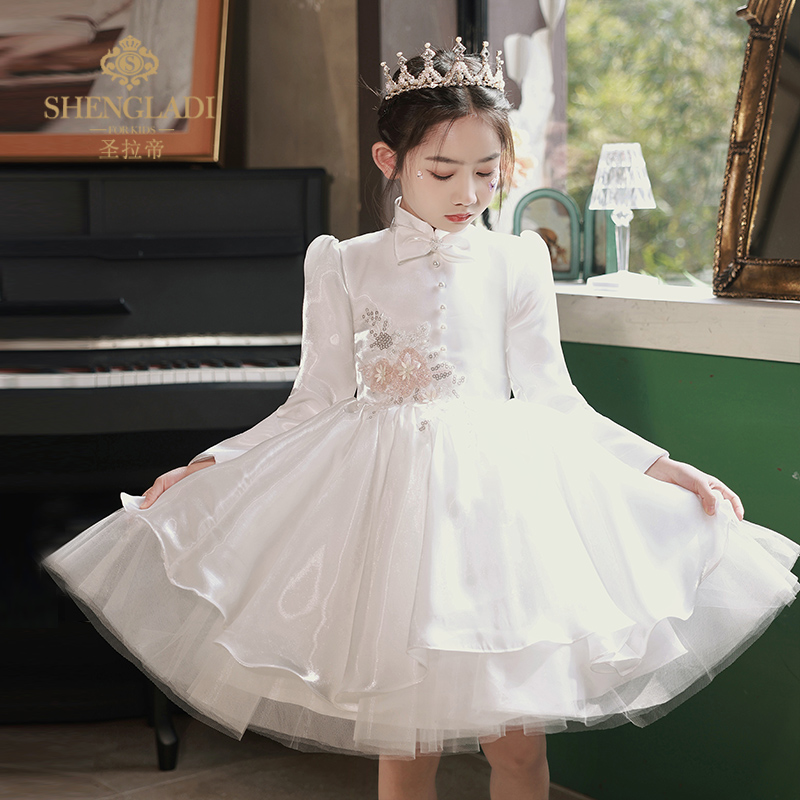 推荐钢琴演奏礼服女童礼服轻奢小众高端白色儿童公主裙小主持人演