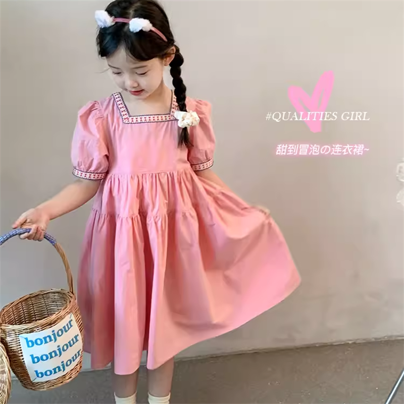 女童粉色连衣裙2024夏季新款韩版儿童泡泡袖长裙中大童洋气公主裙