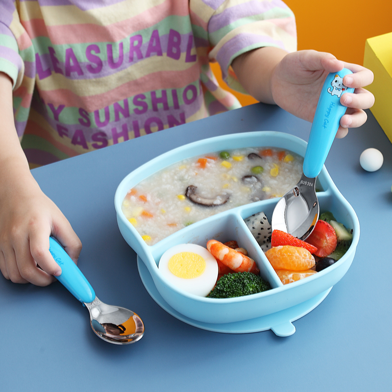 宝宝餐盘儿童硅胶吸盘式餐具套装婴儿学吃饭训练勺分格卡通辅食碗