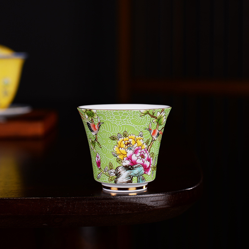 德化中式蓝色珐琅彩粉色品茗杯黄色红色单杯陶瓷简约水墨礼盒装