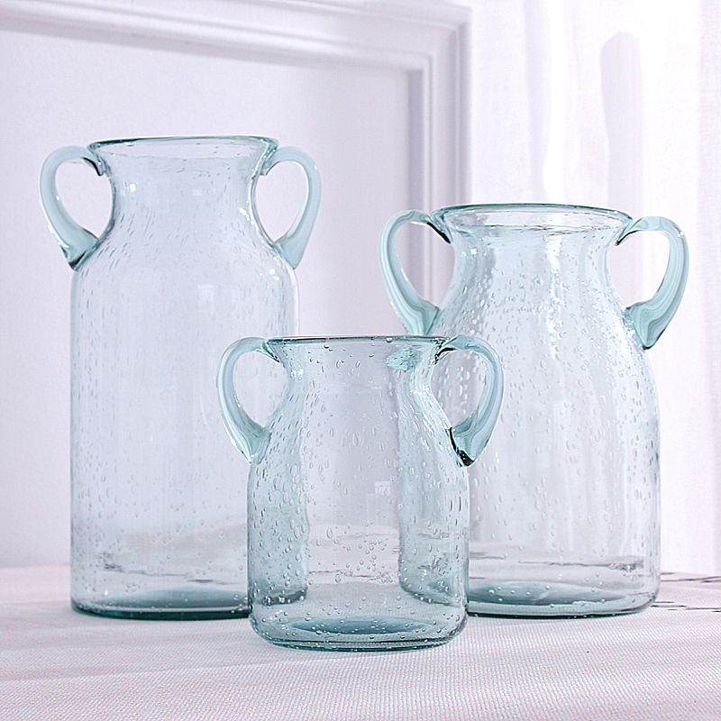 清新田园双耳气泡玻璃花瓶现代简约蓝色透明玻璃花器  花仙子家居