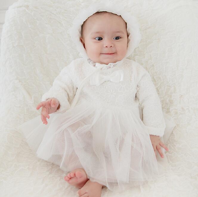 秋款婴儿连衣哈裙 白色新生儿满月服装 公主纱裙套装 帽子+哈裙