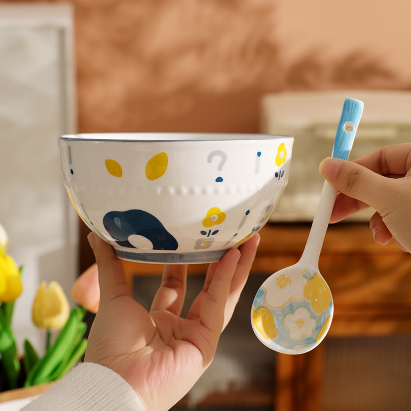 可爱蓝色小花大号陶瓷米饭碗釉下彩家用面碗创意早餐碗水果沙拉碗