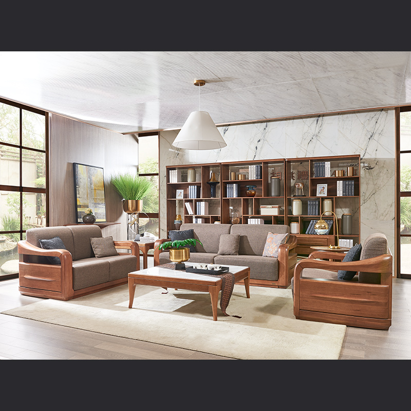 现代中式纯实木沙发123组合大户型客厅布艺核桃木沙发三人位HTL