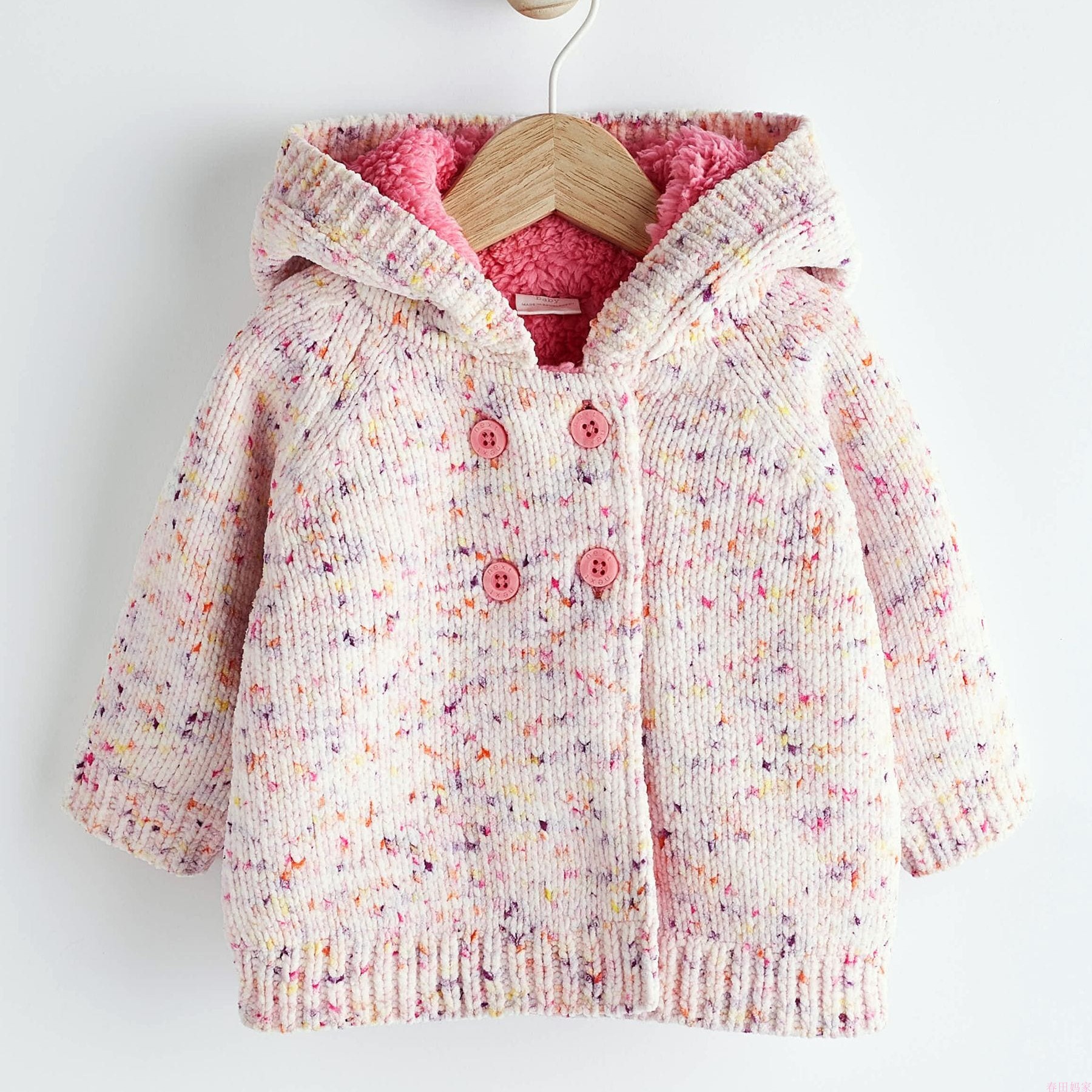 英国next童装23秋新女童婴儿宝宝粉色毛绒衬里双排扣针织连帽外套