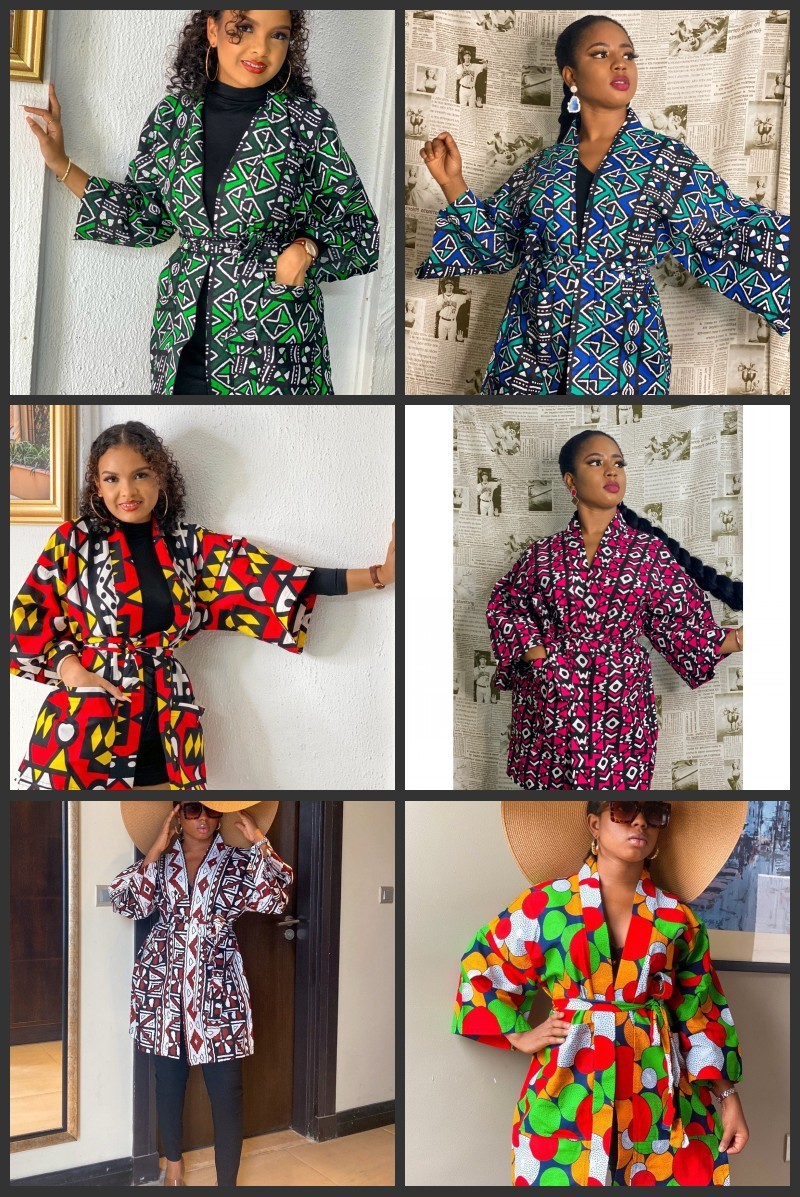 非洲印花拼接腰带口袋外套女装African kimono print coat top