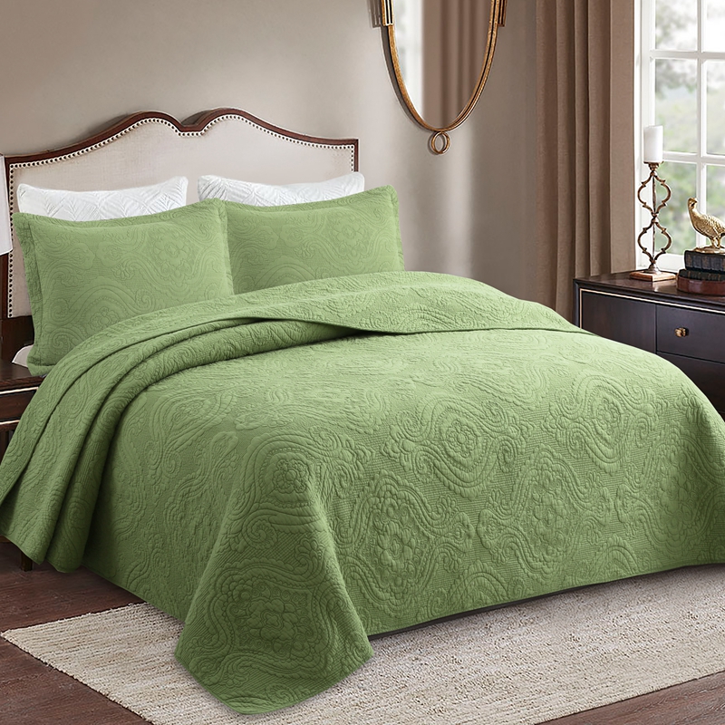 外贸简约欧式纯棉床盖三件套纯色绣花加厚床单衍缝被榻榻米垫防滑