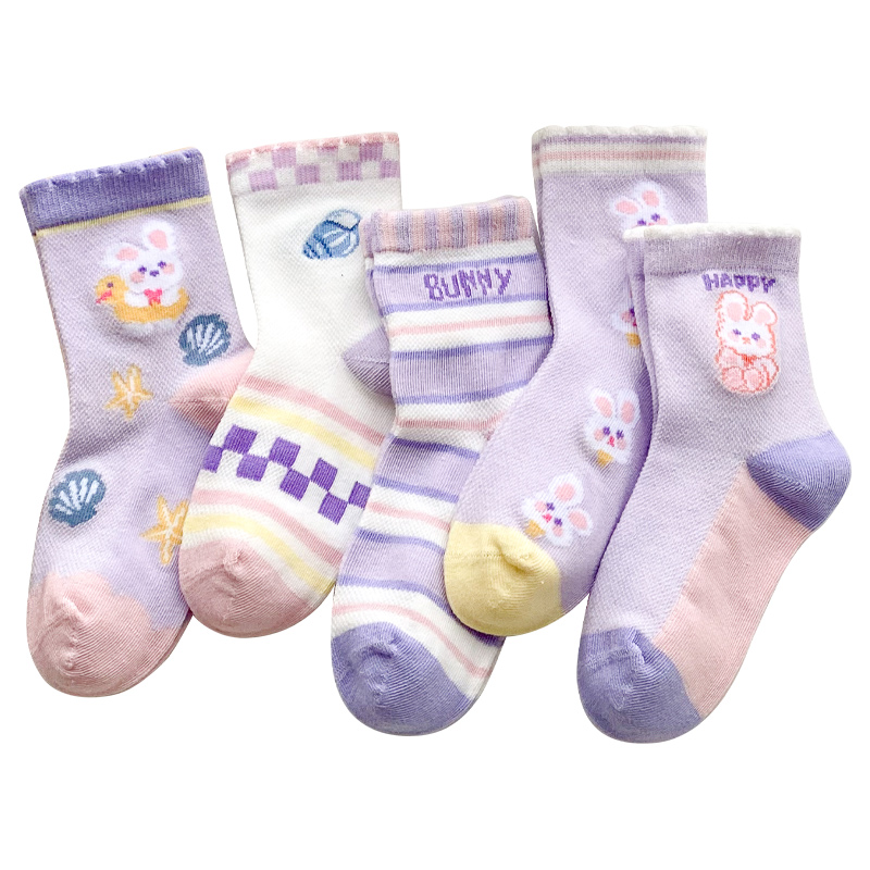 紫色儿童袜子春夏款纯棉中筒网眼宝宝女孩学生可爱卡通兔子童袜