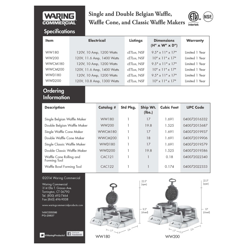 美国Waring华庭WW200E型圆饼松饼机商用大格双头华夫饼炉烤饼机