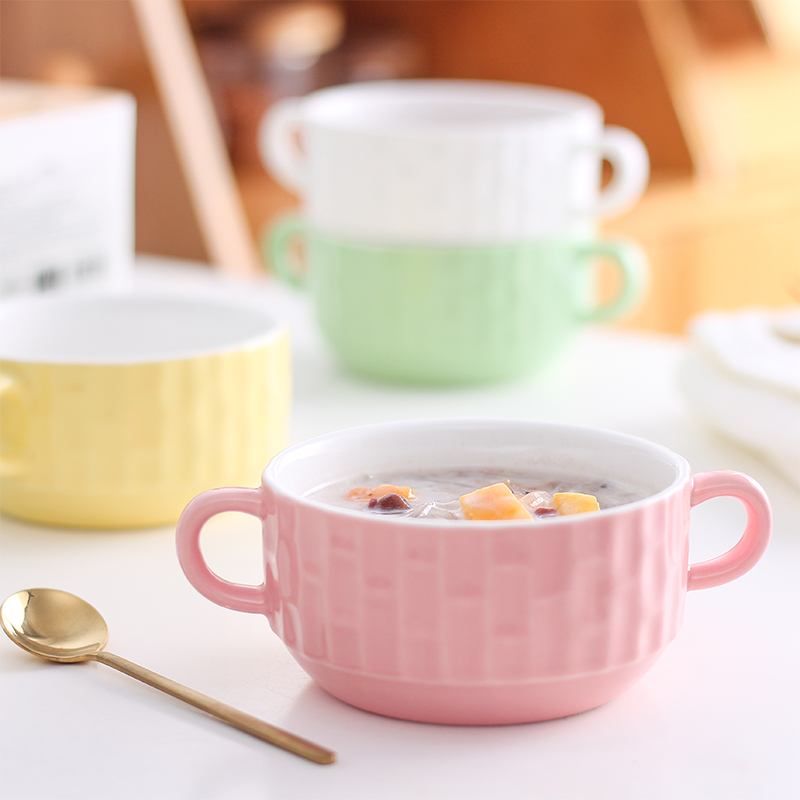 陶瓷可爱碗 双耳烤碗个性小碗带把甜品碗创意日式家用早餐碗汤盅