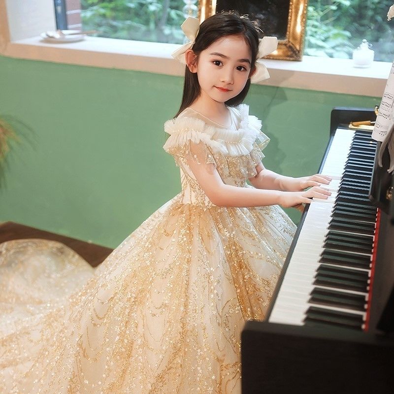 女童礼服拖地长裙高端香槟色拖尾儿童小主持人金色钢琴礼服公主裙