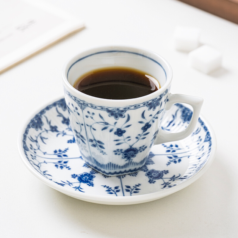 小鹿田烧日本进口青花唐草陶瓷咖啡杯碟套装精致下午茶杯子礼盒装