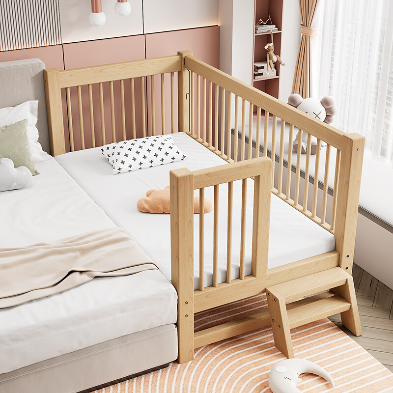 山毛榉木升降带护栏儿童床拼接大床床边加宽宝宝婴儿床实木小床