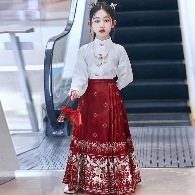 2024女童马面裙中国风古装明制改良汉服儿童国学唐装女孩秋季套装