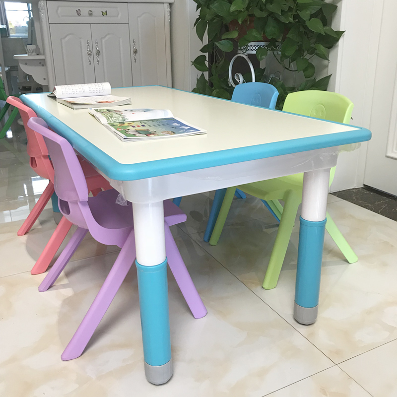 推荐幼儿园塑料加厚可调节升降学生课桌椅新款儿童升降长方木纹桌