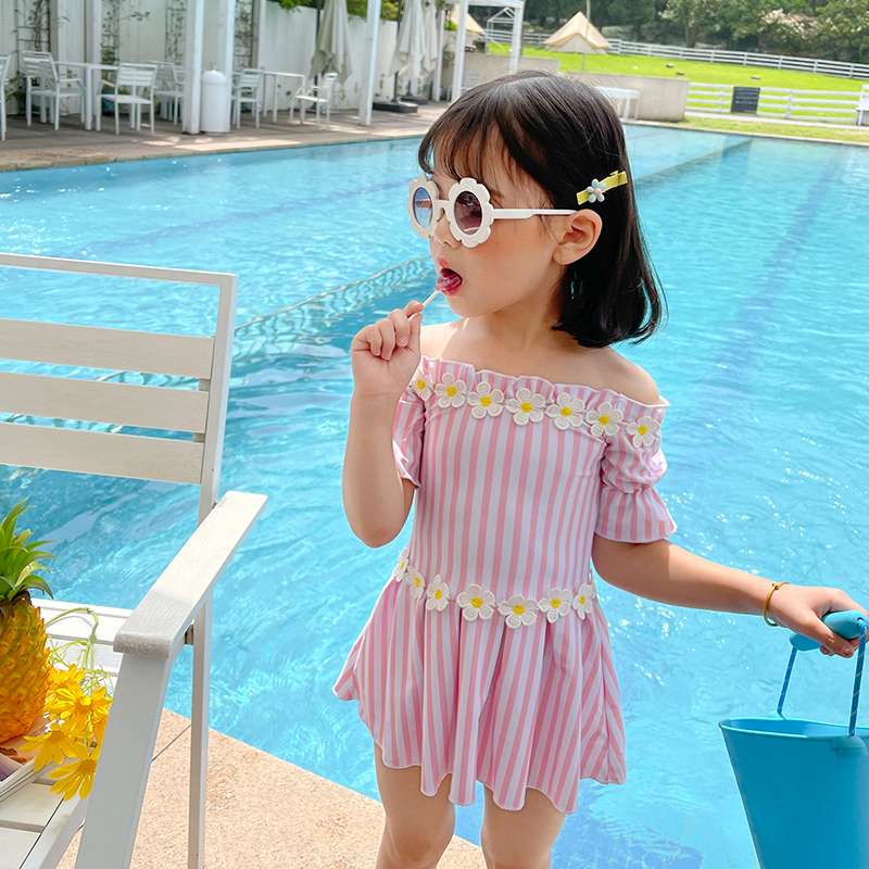 泳衣儿童女小公主裙式分体宝宝夏季一直肩花朵条纹海边沙滩游泳衣