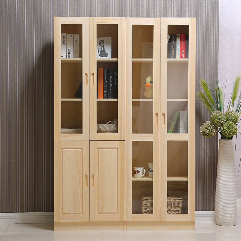 实木中式书柜儿童书柜自由组合松木玻璃门书橱带抽屉储物收纳柜子