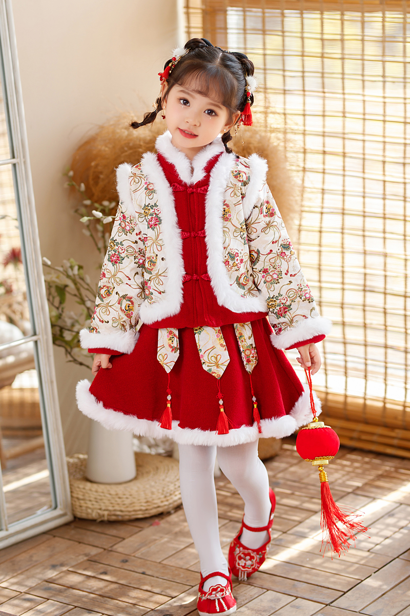新款汉服女童新年衣服儿童中国风童装加厚唐装女孩过年拜年服冬季