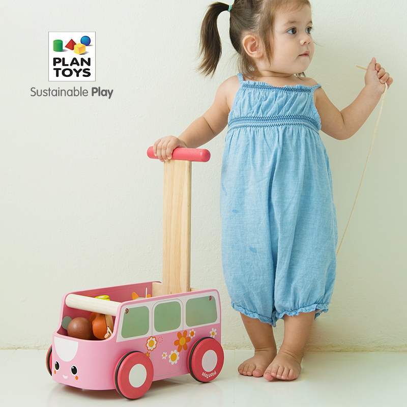 原装进口PlanToys巴士学步车婴儿木质可调节速度阻力宝宝手推车