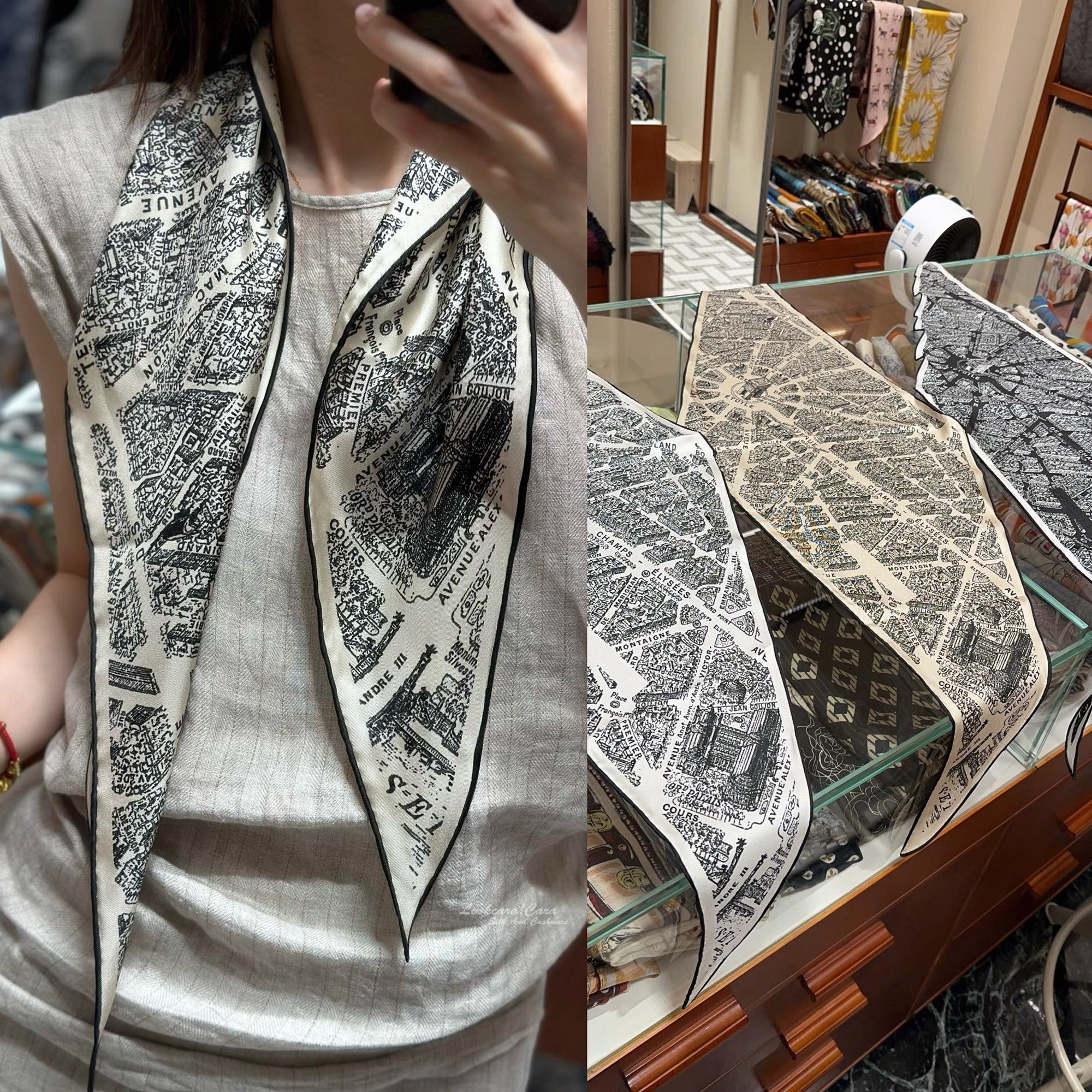 巴黎地图系列 真丝斜纹菱形巾 浪漫摩登复古风格 三色 桑蚕丝围巾