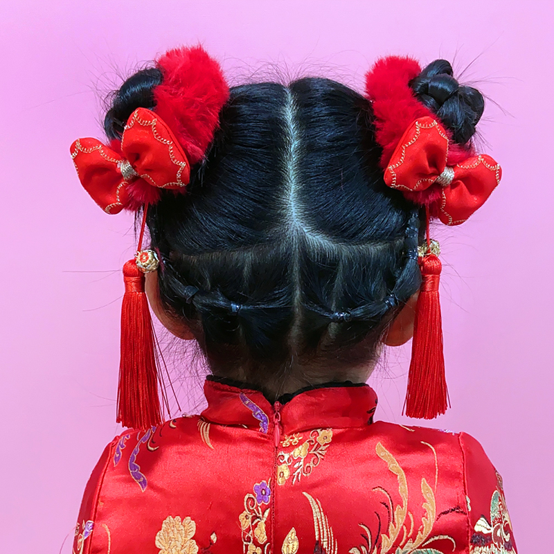 中国风头饰流苏毛绒发圈儿童过年发夹女童红色毛球宝宝拜年服发饰