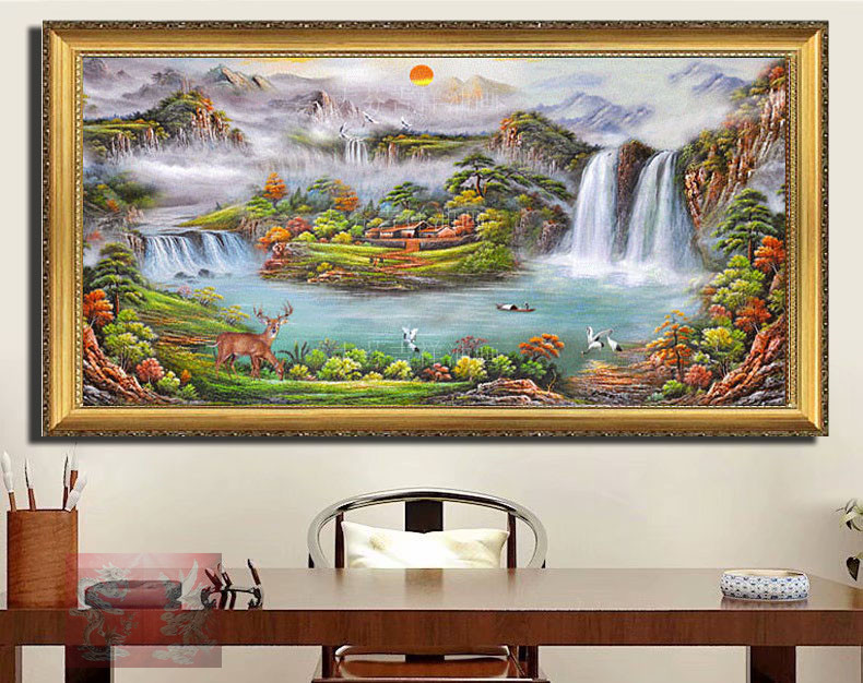经典中式手绘风景聚宝盆油画客厅办公室会所家居别墅酒店装饰挂画