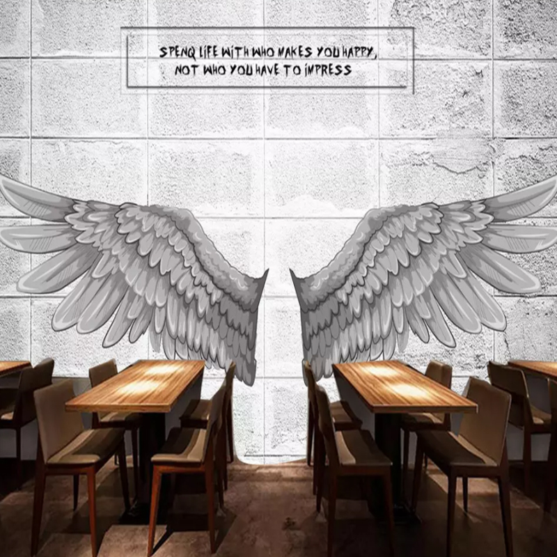 天使的翅膀健身房奶茶店壁画餐厅网红店壁纸酒吧羽毛背景墙纸定制