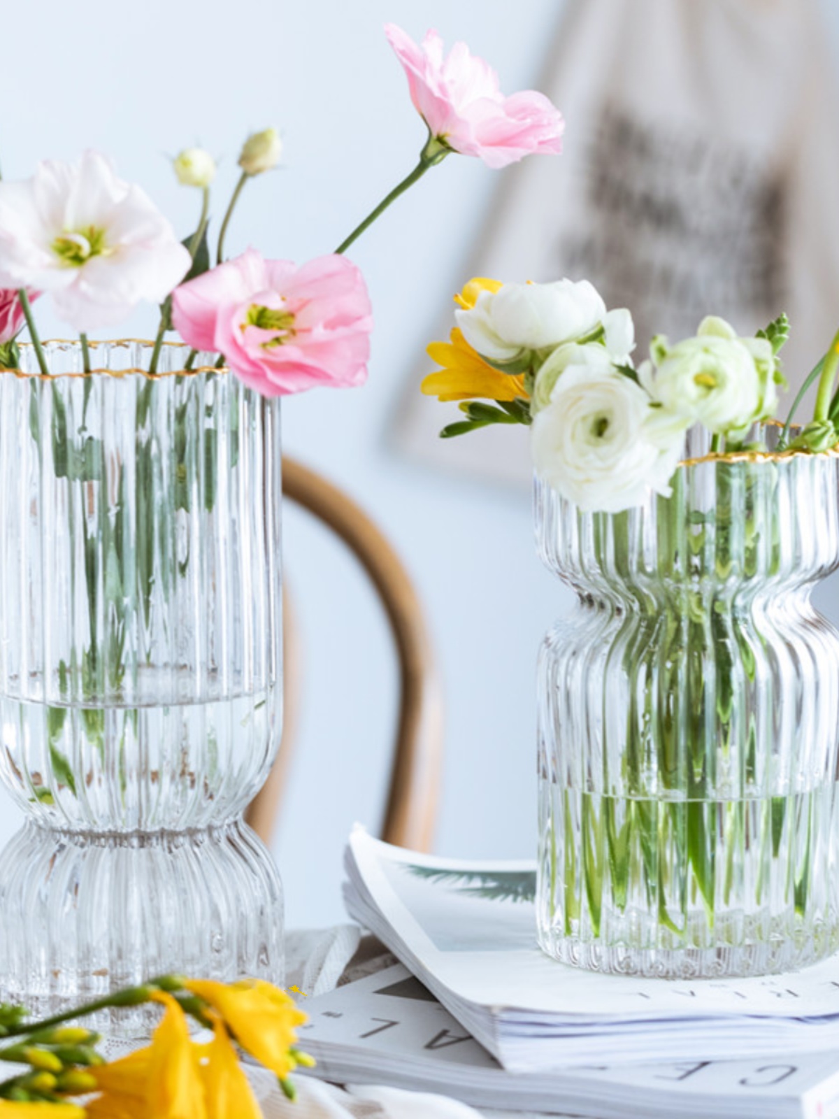 新品花时间《趣然》北欧轻奢描金竖条纹玻璃花瓶鲜花绿植水养插花