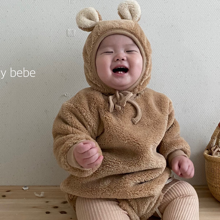 现货韩国进口婴儿毛绒小熊连体衣可爱小动物柔软保暖爬服外出服冬