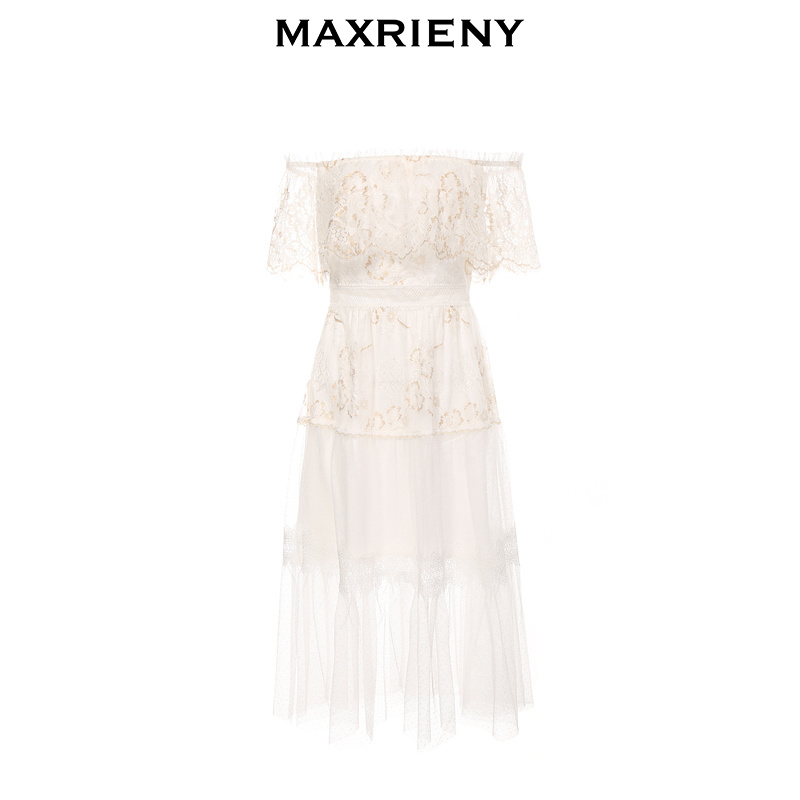 【奥莱】MAXRIENY蕾丝连衣裙夏季一字肩仙女裙洋气甜美白色中长裙