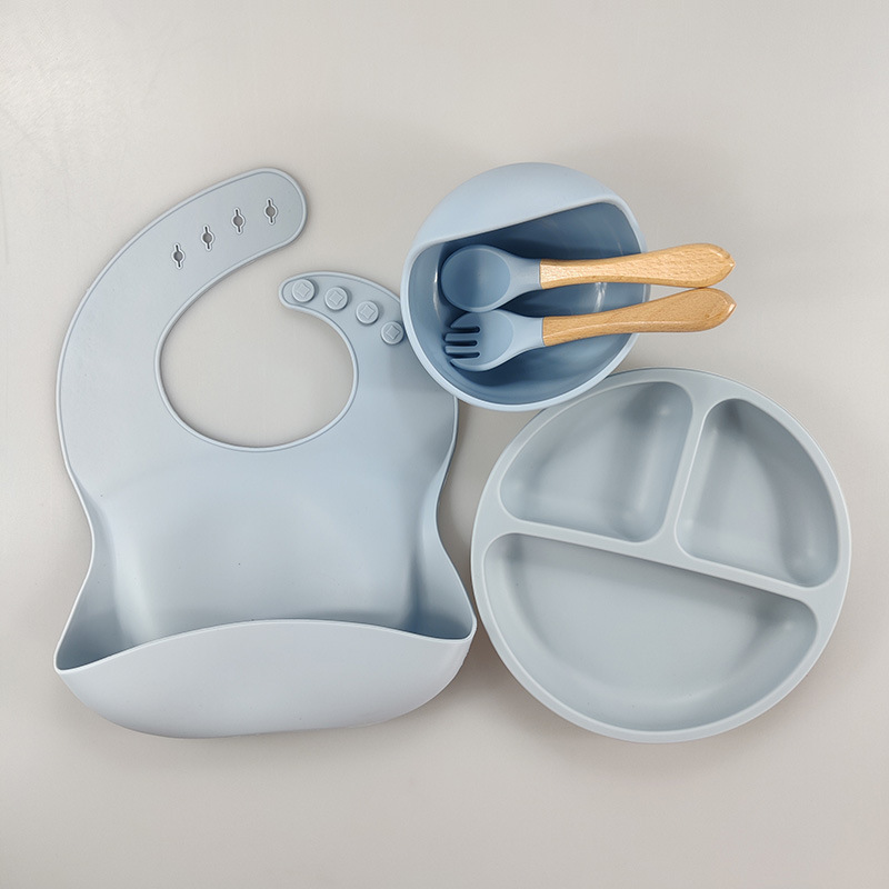儿童硅胶围兜硅胶餐盘五件套婴儿辅食训练吸盘碗宝宝分隔餐具套装