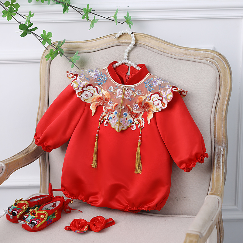 中国风一周岁女宝宝礼服满月中式旗袍婴儿百天抓周宴唐装长袖红色