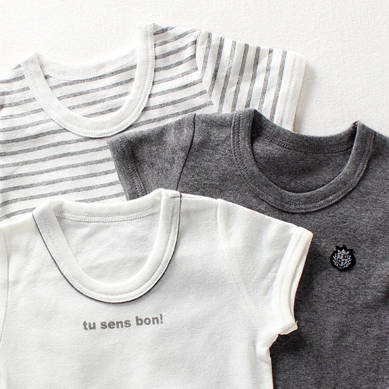 儿童夏装男童宝宝婴儿白色短袖t恤纯棉纯灰色条纹体恤中小童半袖