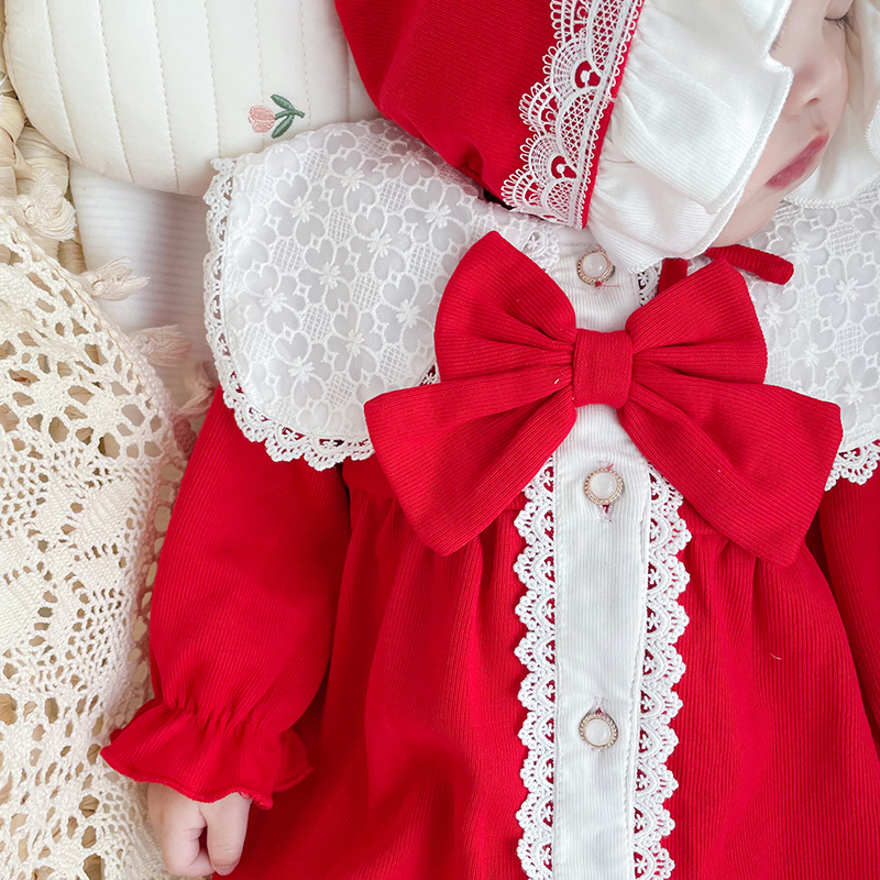 韩版婴儿衣服红色春秋冬装新生儿满月百天宴礼服女宝宝周岁连体衣
