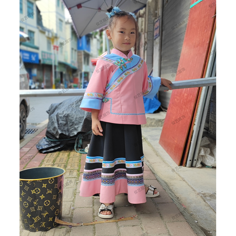 2022新品少数民族国风儿童装原创设计女孩上衣服diy粉红色套装
