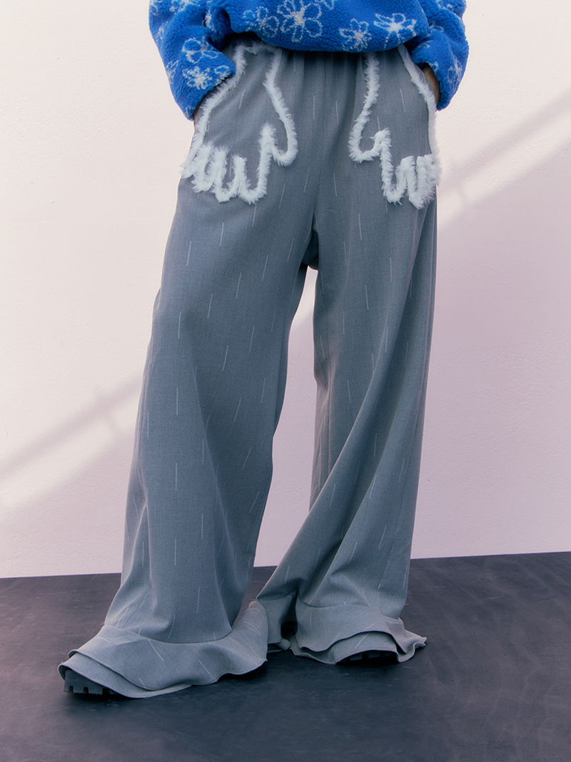 制造后花园*蓝约鹤边系列独立设计浅灰色毛绒手型口袋装饰阔腿裤